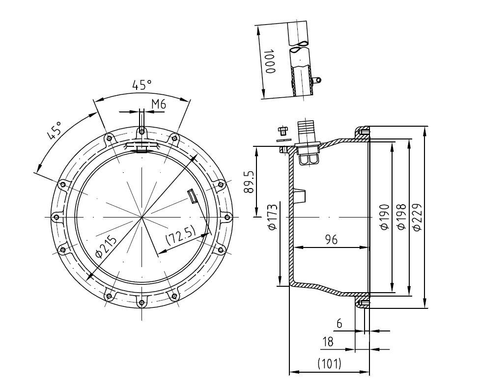 plan Boitier d’encastrement en laiton ou bronze pour projecteur et haut-parleur subaquatique ø 270 mm, pour bassin carrelé ou liner