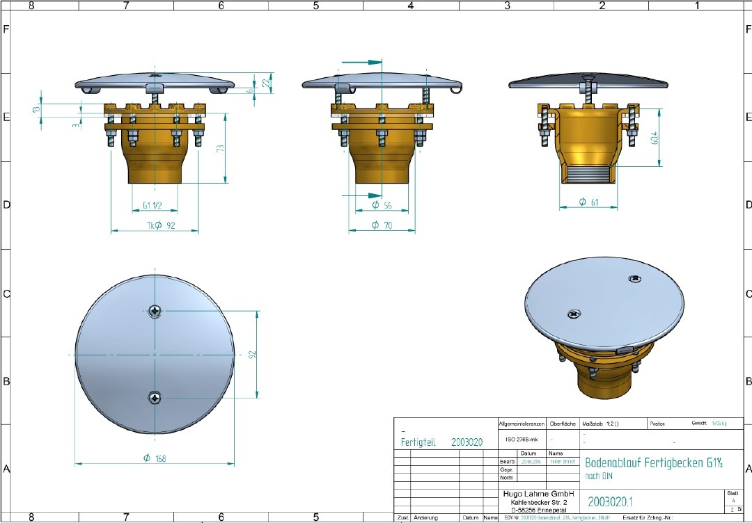 plan Bonde de fond laiton ou bronze, droite avec couvercle inox anti vortex Ø 168 mm  et contre-écrou+joint+vis pour bassin préfabriqué