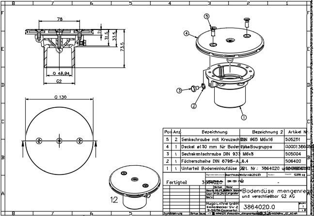 plan Buse de refoulement de fond ø 130 mm en inox 316L avec vis G2 externe longueur 40 mm, avec débit ajustable et verrouillable pour piscine carrelée et liner